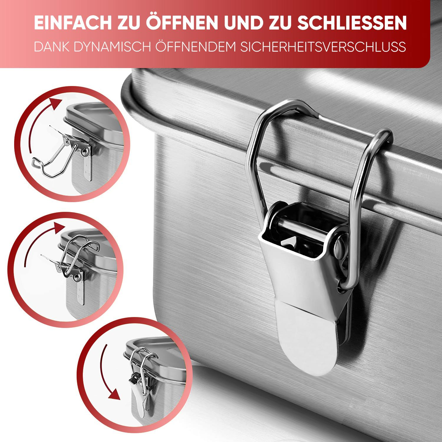 Nahaufnahme einer Edelstahl-Brotdose mit drei verschiedenen Verriegelungsmechanismen.