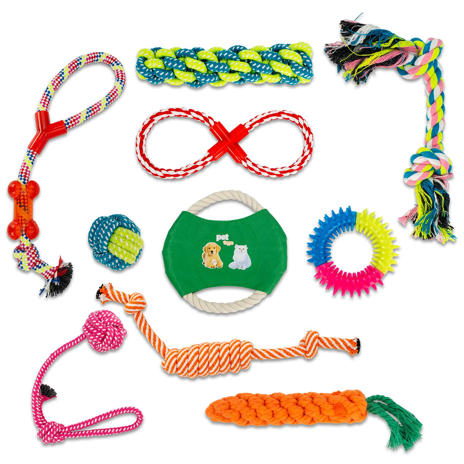 Sortiment an Hundespielzeug, verschiedene Formen und Farben, weißer Hintergrund.