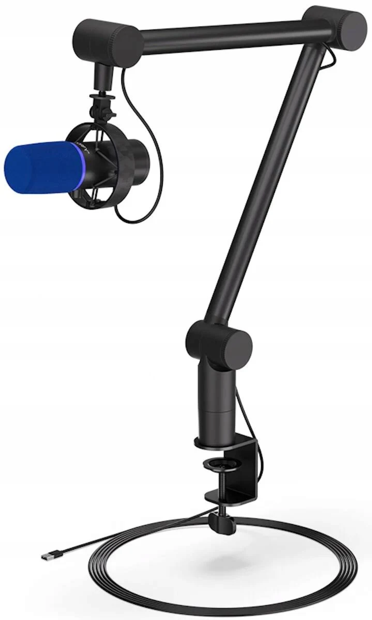 Czarny mikrofon z ramieniem i podstawą, na białym tle.