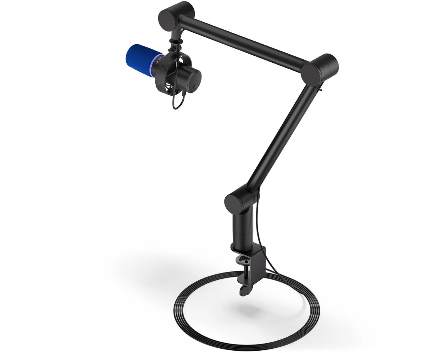 Czarny mikrofon na statywie. Niebieski filtr. Białe tło.