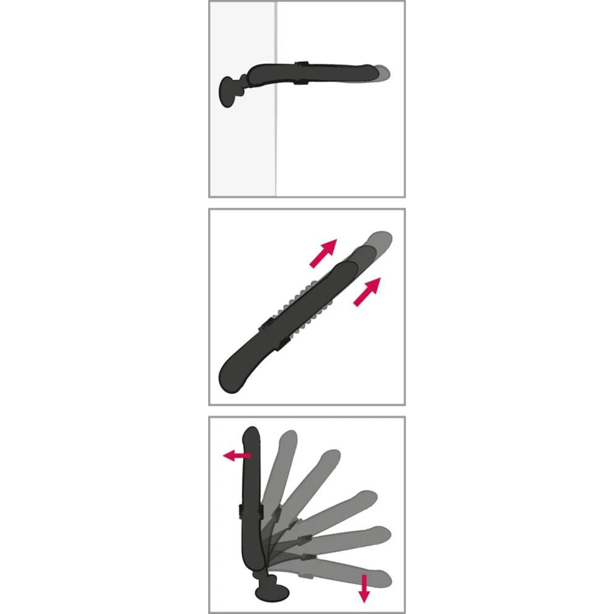 Diagramm eines Türscharniers. Drei Schritte zeigen die Scharnierbewegung. Weißer Hintergrund, rote Pfeile.