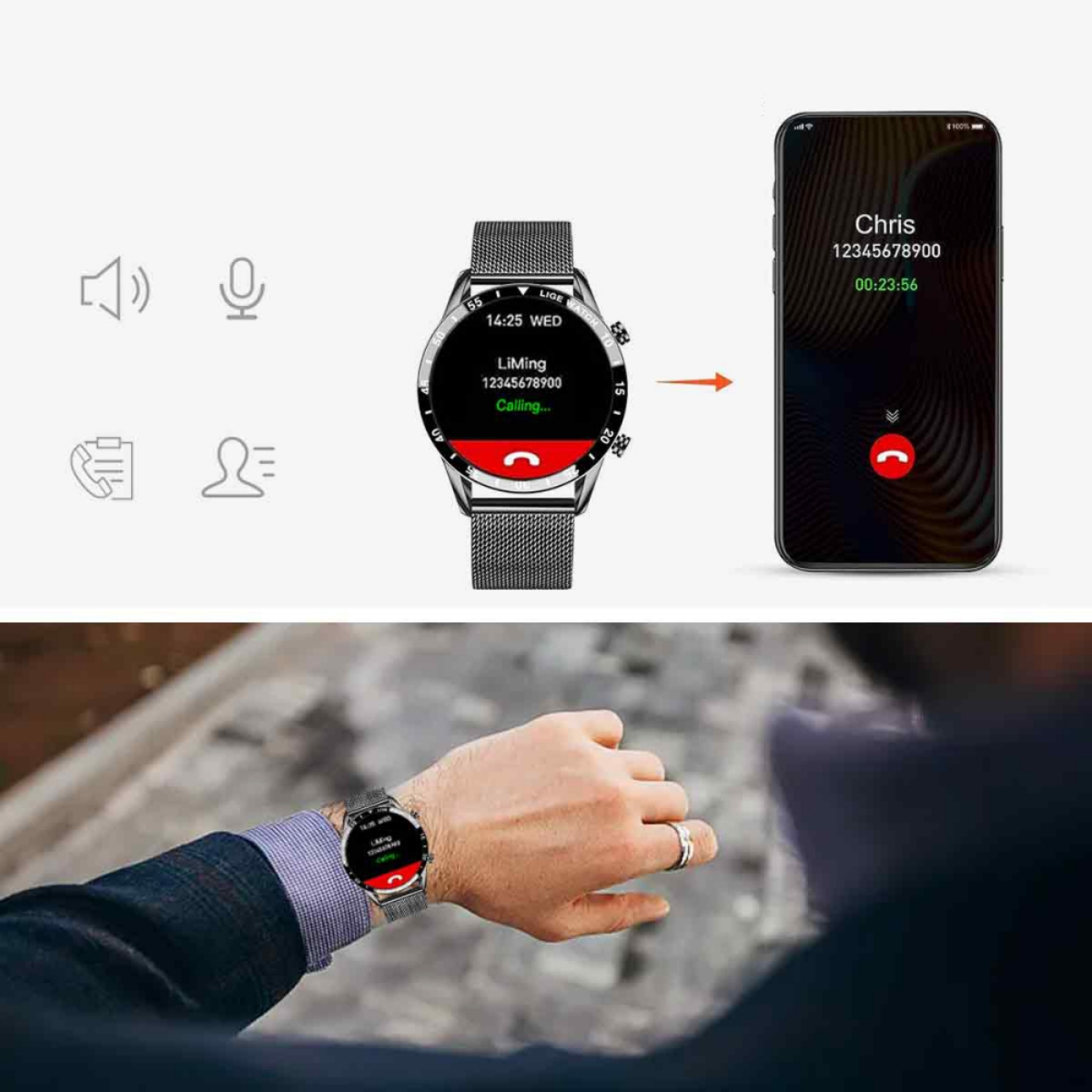 Eine Smartwatch zeigt einen Anruf von Chris an. Ein Telefon zeigt denselben Anruf an. Ein Handgelenk trägt die Uhr.