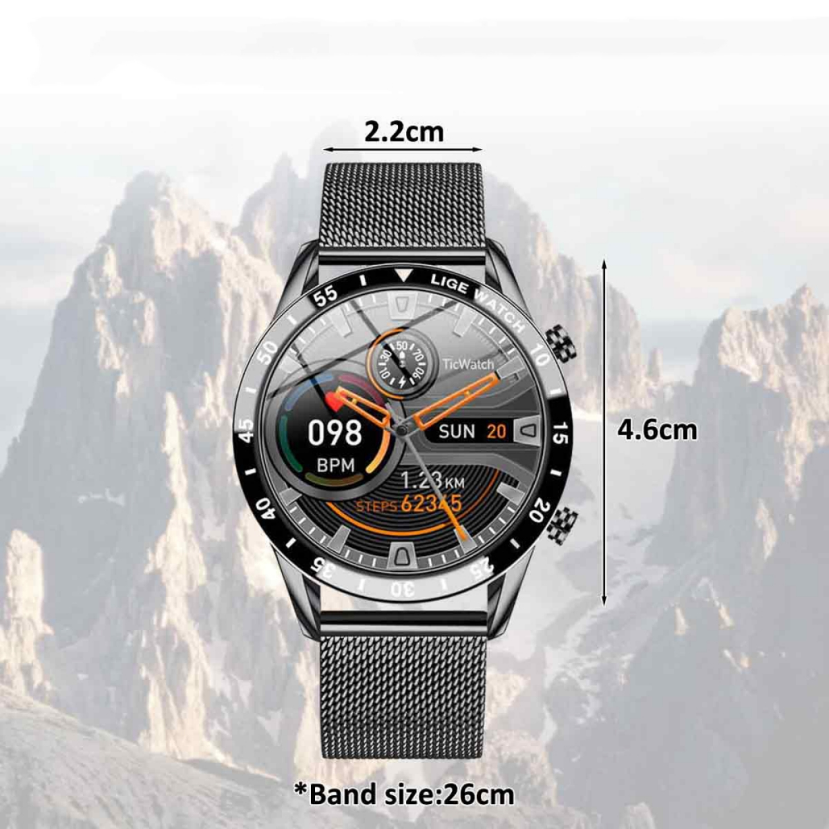 Smartwatch mit schwarzem Metallband, Anzeige von Zeit und Gesundheitsdaten, vor verschwommenem Berg-Hintergrund.