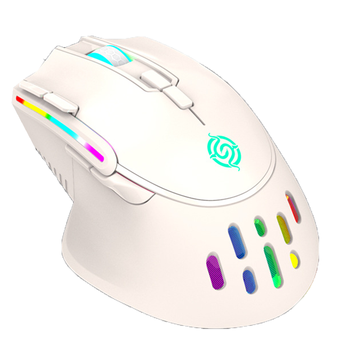 Weiße Gaming-Maus mit Farbakzenten, isoliert auf weißem Hintergrund.