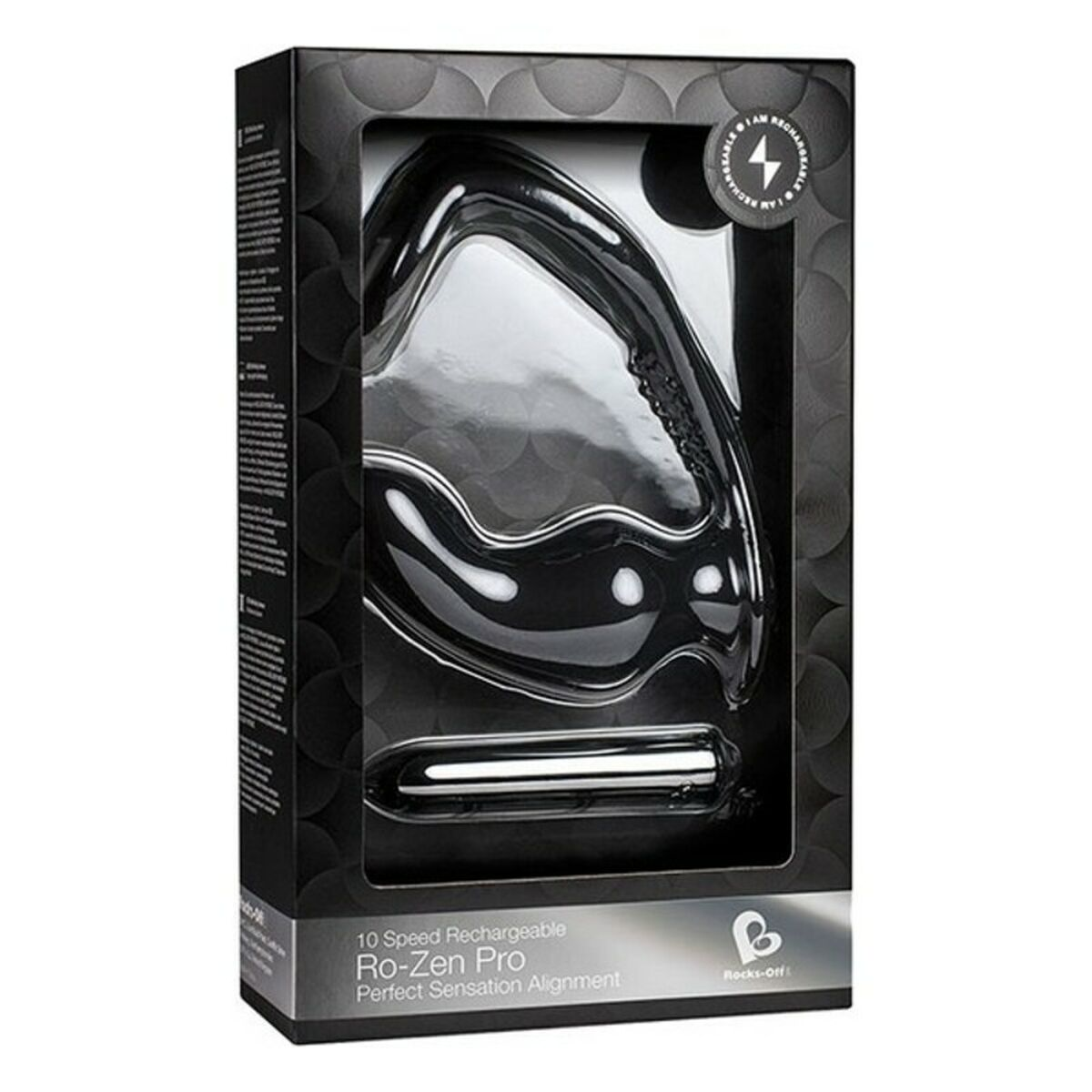 Schwarzes Sexspielzeug in einer schwarzen Box. Text: '10 Speed Rechargeable Ro-Zen Pro'.
