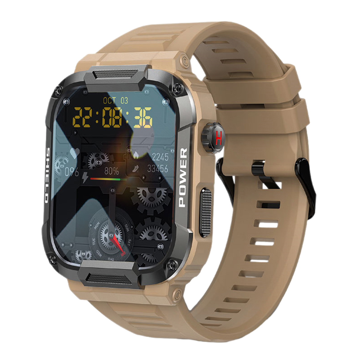 Beige Smartwatch, schwarzer Bildschirm mit Datum, Uhrzeit, Statistiken, und beigem Armband.