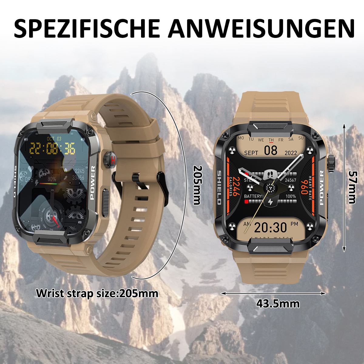 Zwei Smartwatches mit angezeigten Messwerten. Eine hat eine Armbandgröße von 205 mm. Beige und Schwarz.