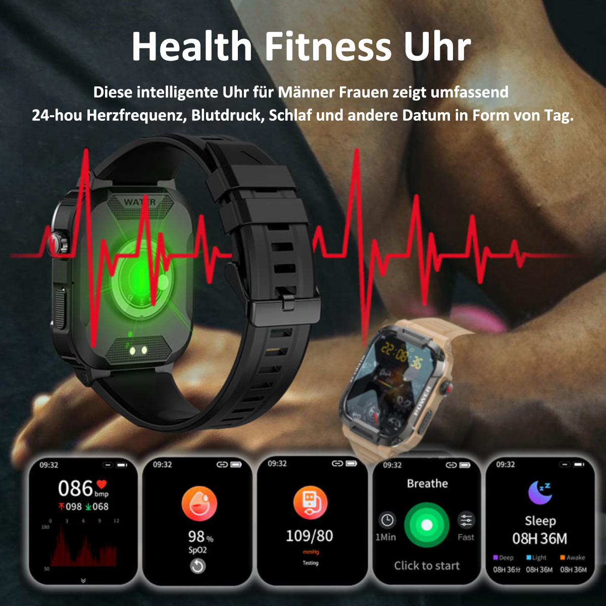 Smartwatch, das Gesundheitsdaten anzeigt. Armbanduhr mit Gesundheitsdaten und Herzfrequenzgrafik.