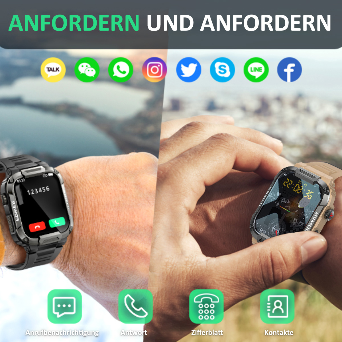 Zwei Smartwatches an Händen mit Symbolen und Texten zu Anrufen, Nachrichten und Kontakten.