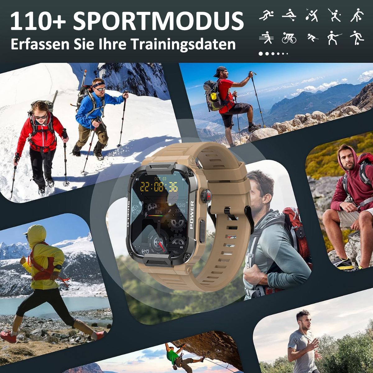 Smartwatch mit Trainingsdaten, umgeben von Menschen, die Sport treiben.