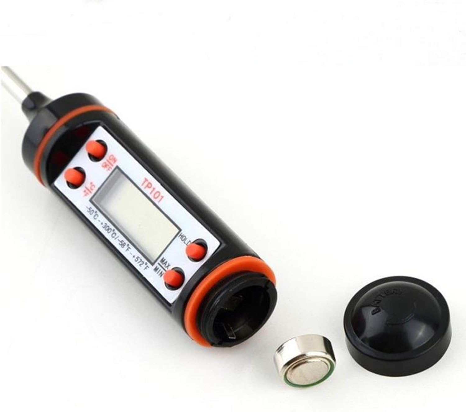 Digitales Thermometer mit Bildschirm, Knöpfen und Batterie. Die Batterie befindet sich neben dem offenen Fach.