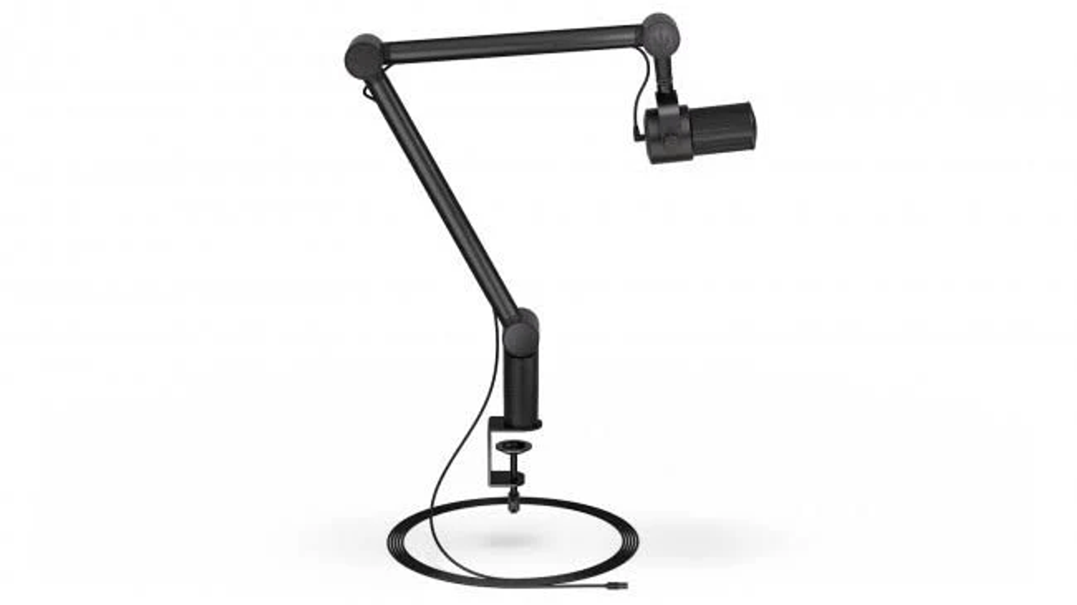Czarny wysięgnik mikrofonu i mikrofon na białym tle.