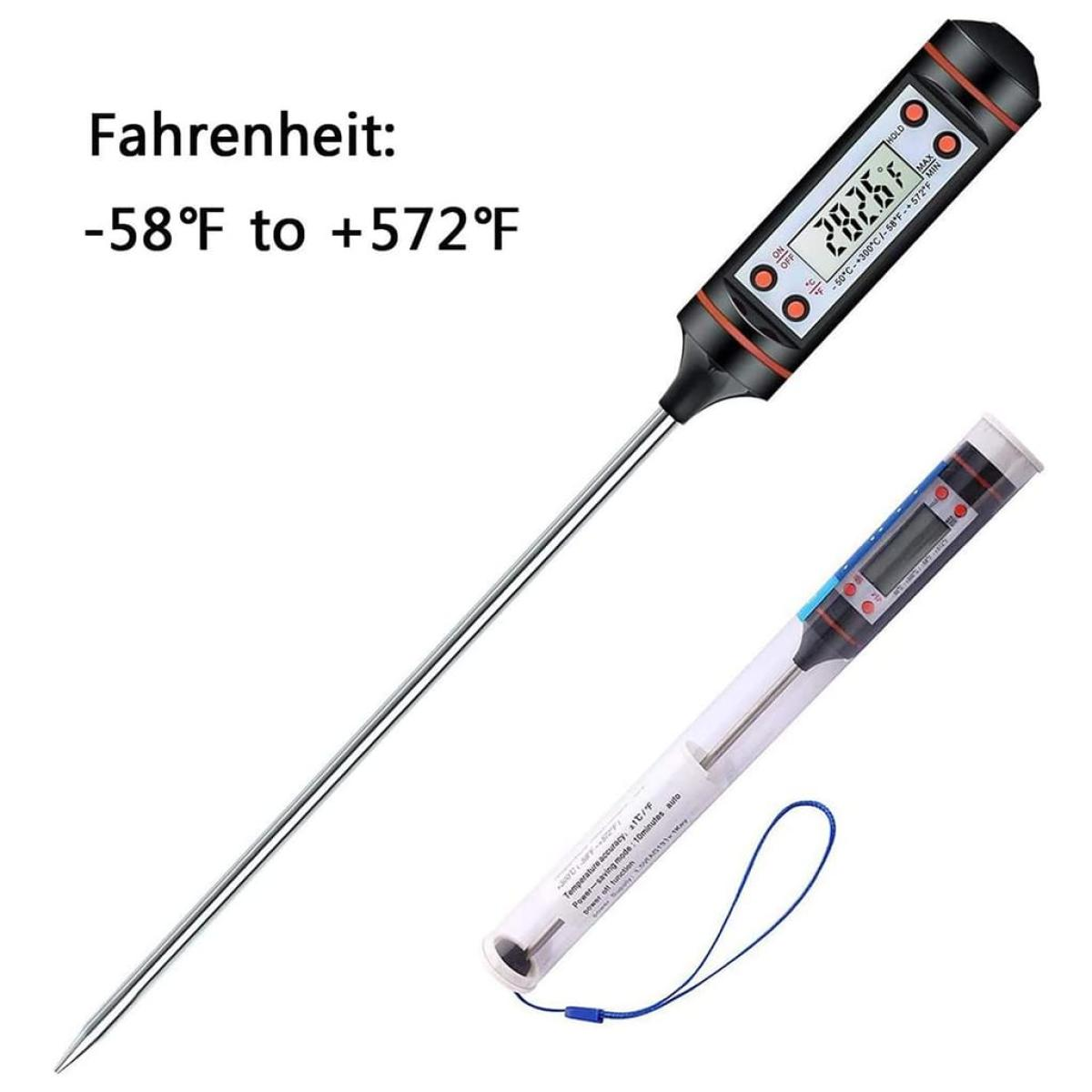 Ein digitales Thermometer mit langer Metallsonde und einem Display mit einer Temperatur von 28,36°F.