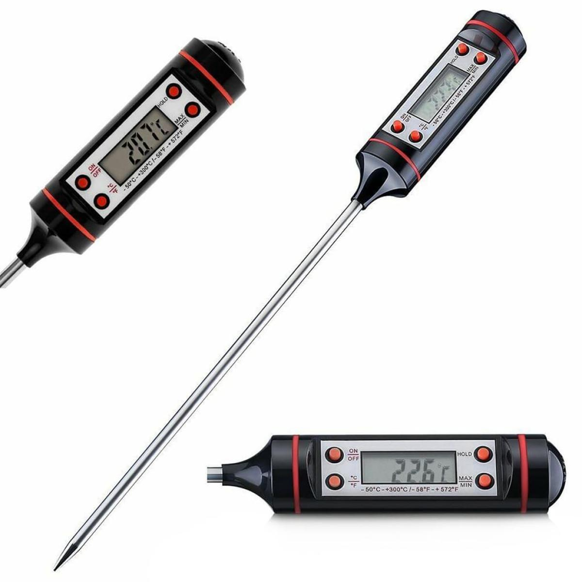 Drei digitale Thermometer, die verschiedene Temperaturen und Designs zeigen.