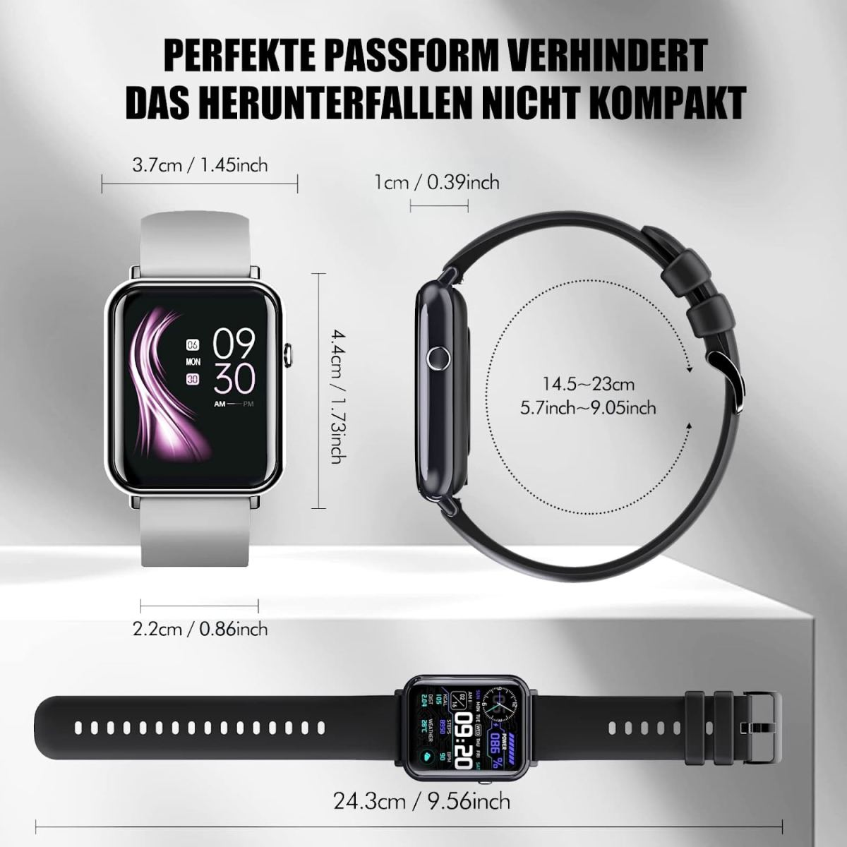 Drei Ansichten einer Smartwatch, schwarzes Gehäuse und weißes Armband, Seitenansicht und schwarzes Armband.