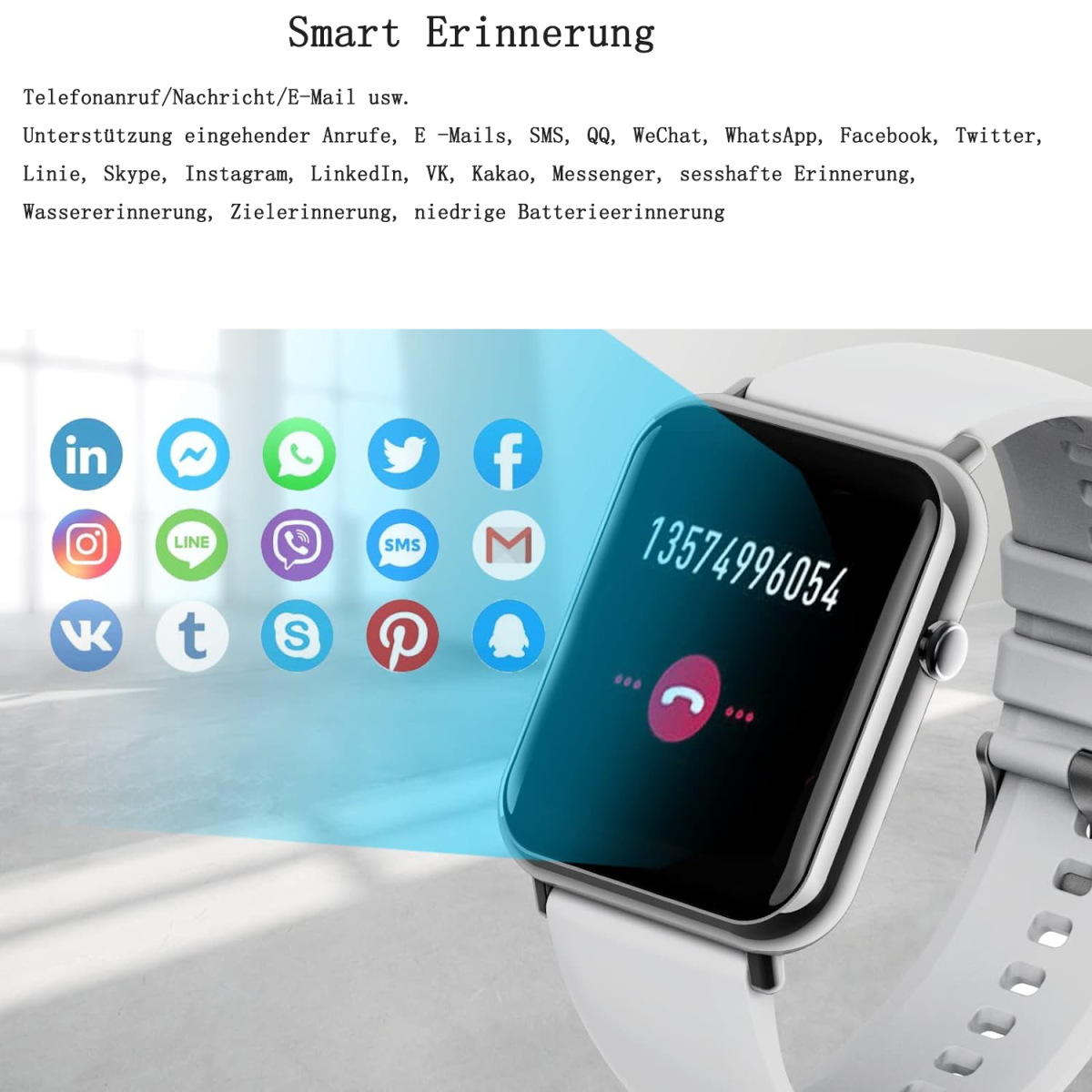 Smartwatch mit Telefonanrufschnittstelle. Symbole für Apps und Benachrichtigungen.