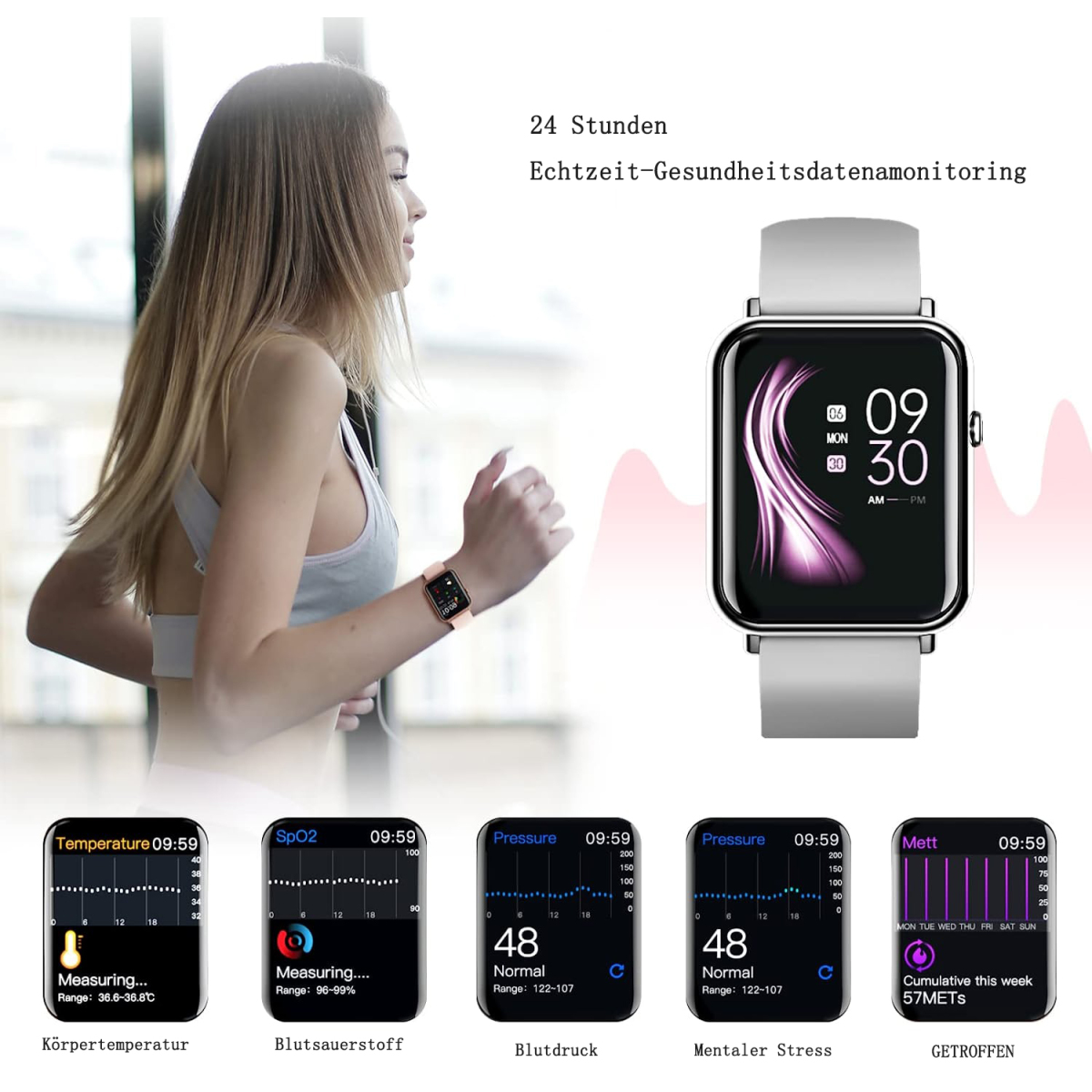 Frau beim Laufen mit Smartwatch, die Gesundheitsdaten zeigt, mit detaillierten Diagrammen.