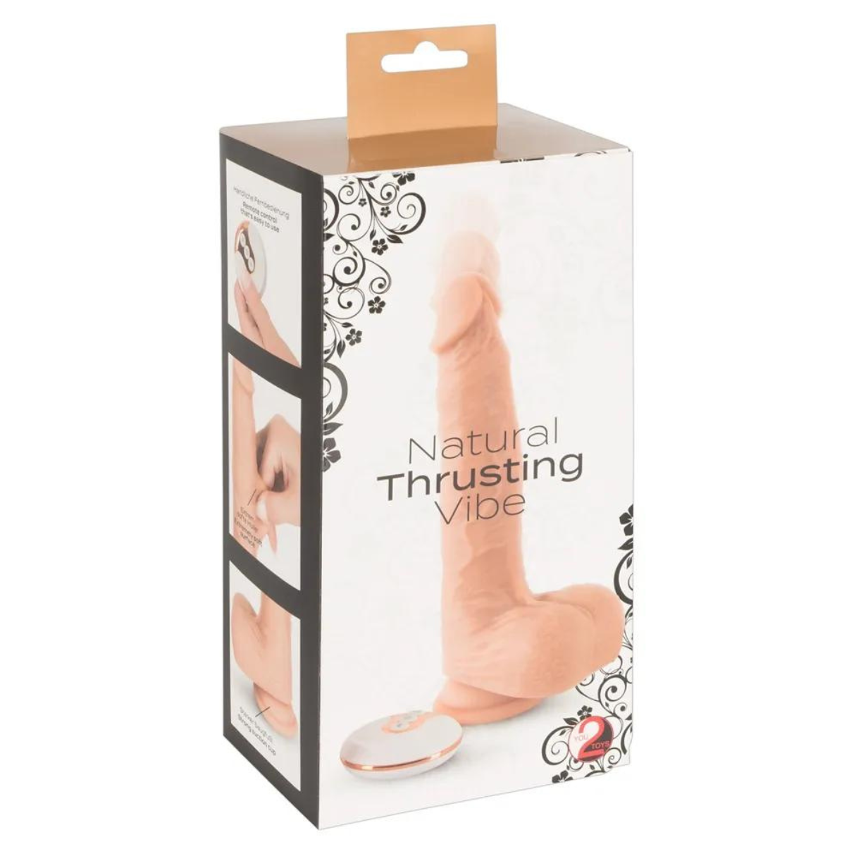 Karton mit einem fleischfarbenen Dildo mit der Aufschrift "Natural Thrusting Vibe". Fernbedienung und Anweisungen sind sichtbar. Goldener Deckel.