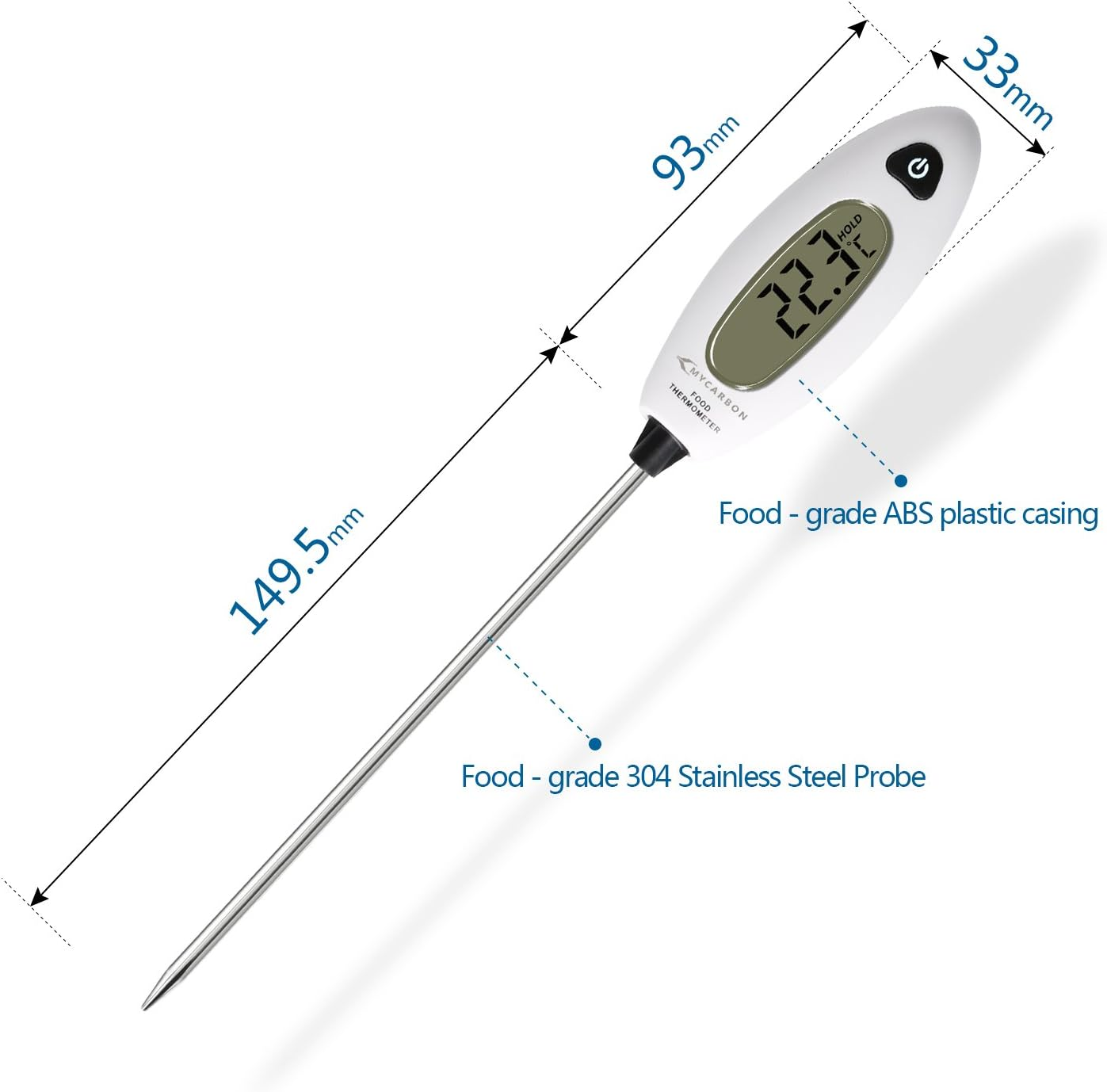 Thermometer mit Digitalanzeige, misst 22,3 Grad. Weißes Gehäuse, silberne Sonde.