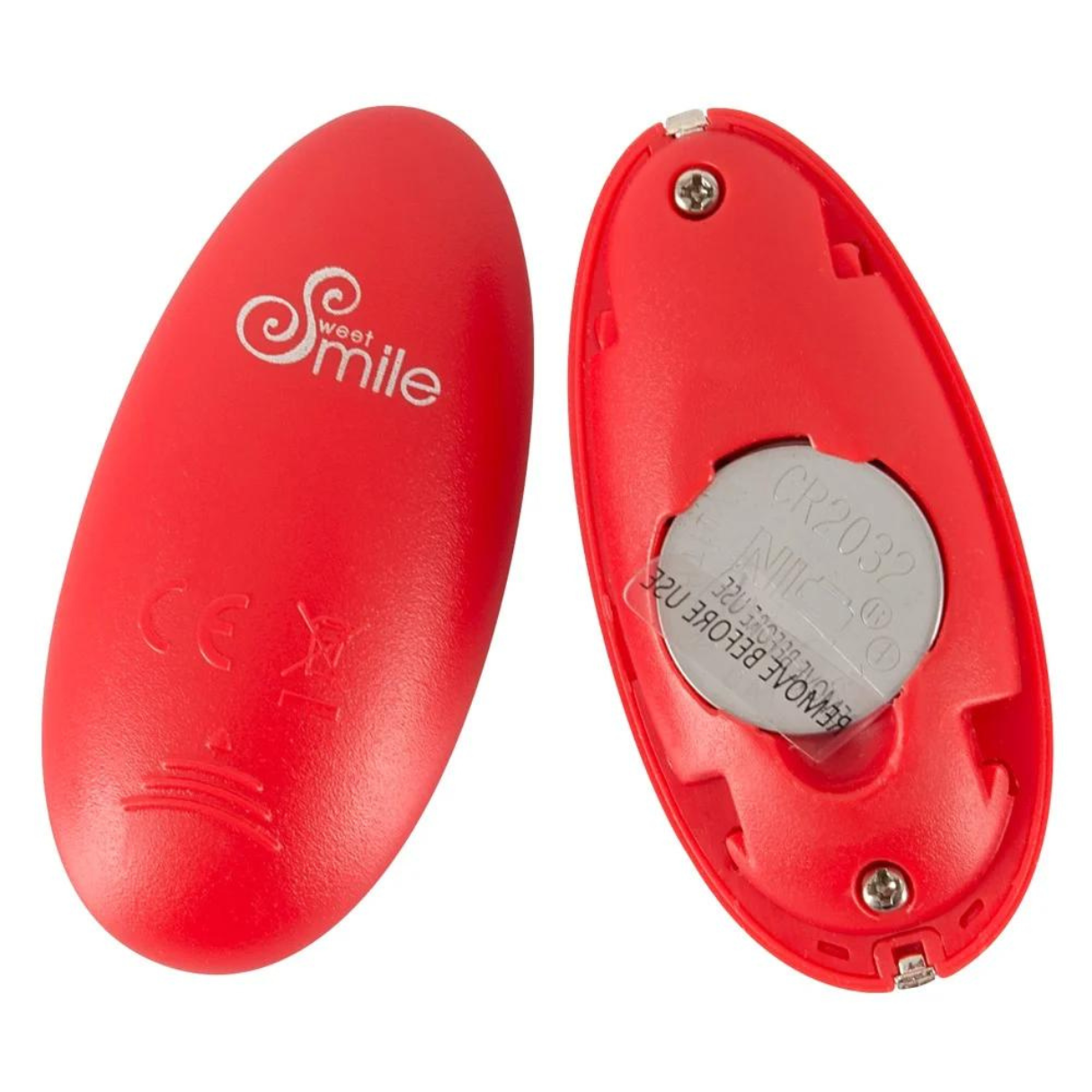 Zwei rote, oval geformte Sexspielzeuge. Eines offen, mit Batterie. Das andere mit Logo.
