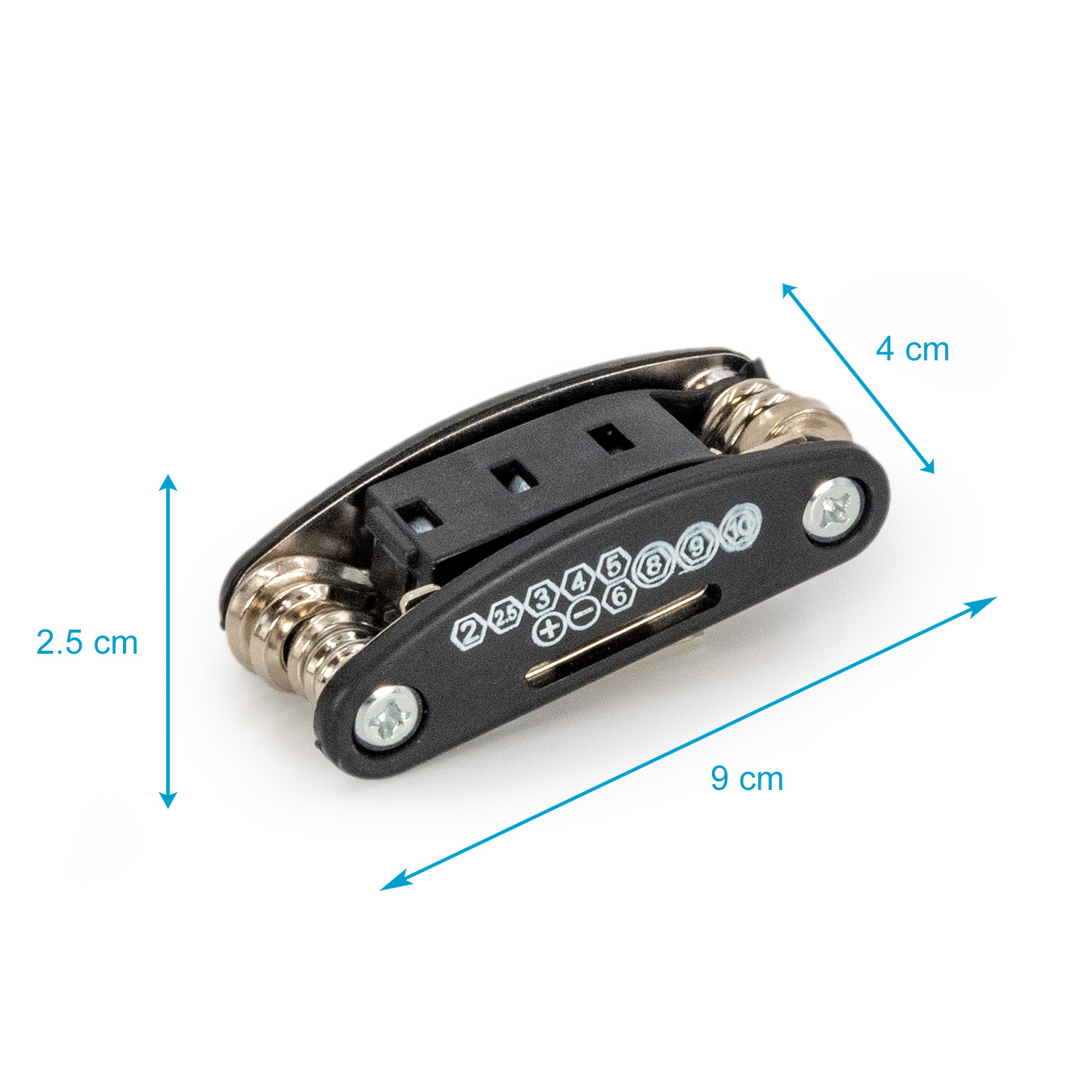 Faltbares Multitool mit Messpfeilen. Schwarzes Werkzeug.