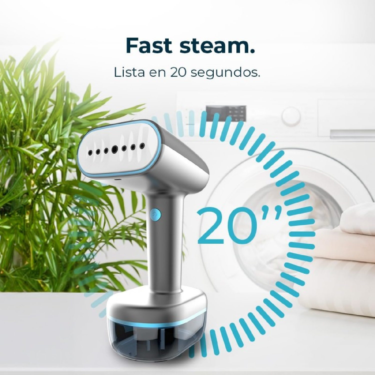 Uno steamer portatile argento e blu con testo '20"' e testo a sinistra.