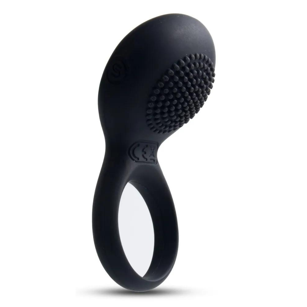 Czarna zabawka erotyczna w kształcie pierścienia z fakturą. Zabawka przeznaczona do przyjemności seksualnej.