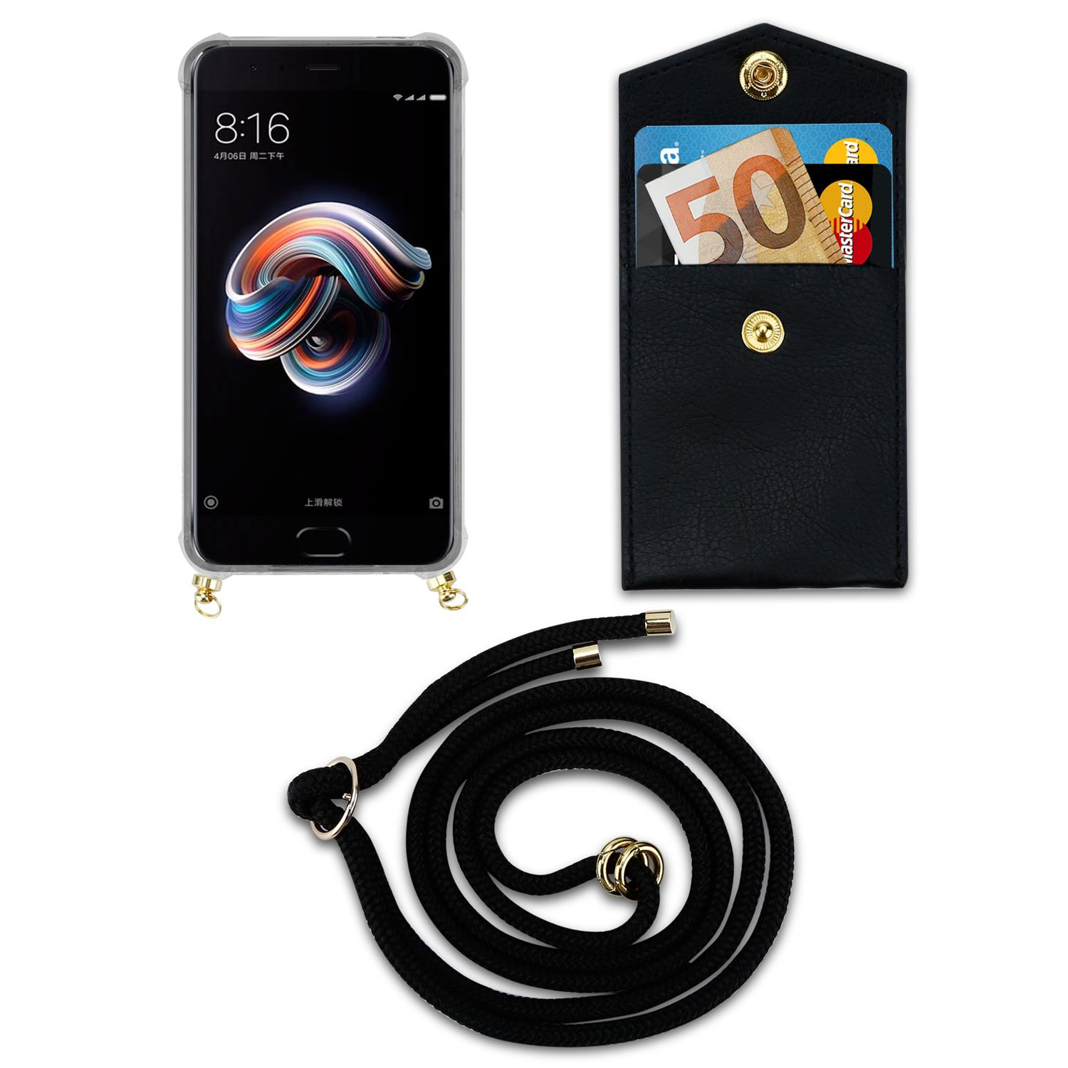 Schwarzes Telefon mit Hülle und einem schwarzen Schlüsselband mit goldenen Ringen und einer schwarzen Geldbörse.