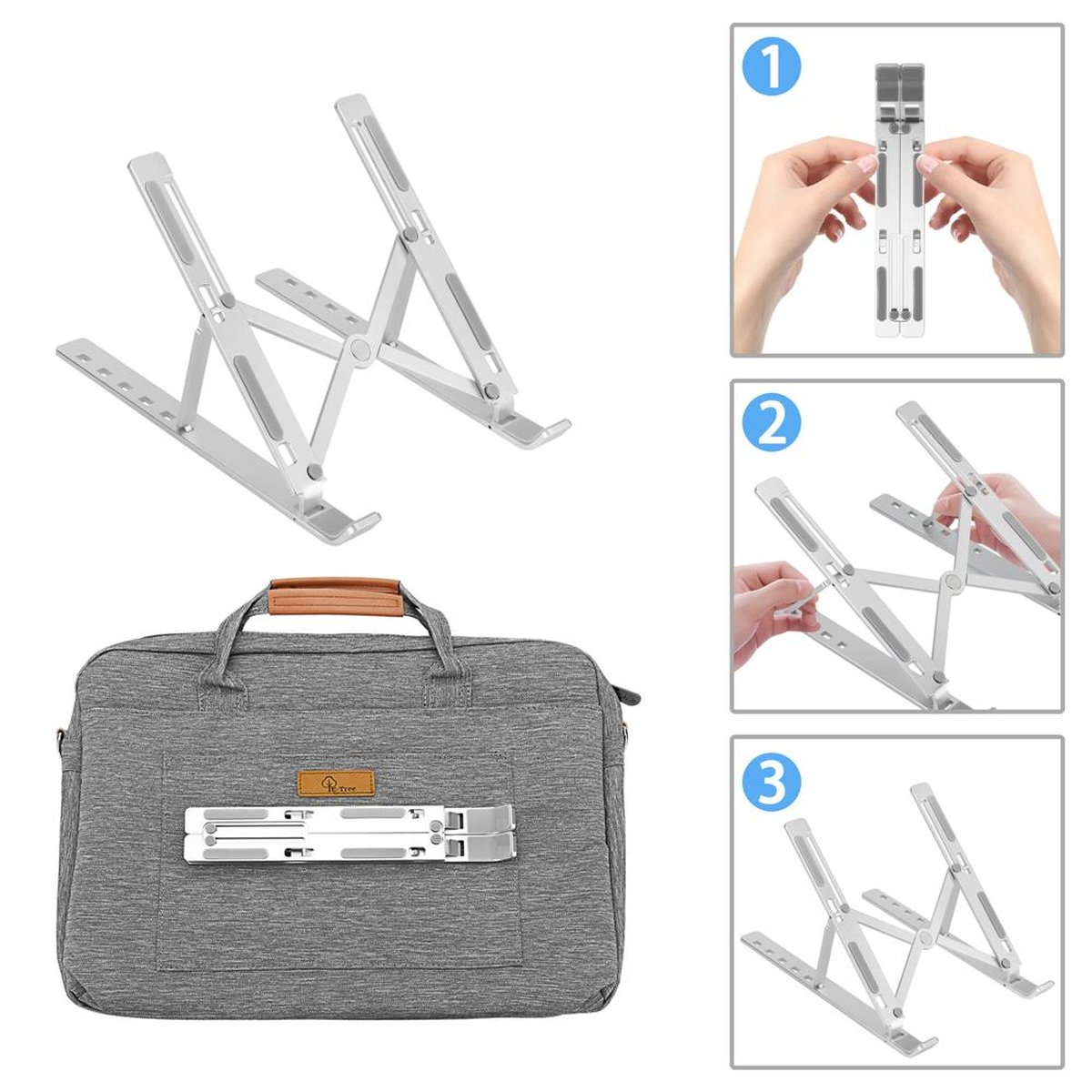 Ein Laptop-Ständer und eine Laptoptasche. Der Ständer ist silberfarben, und die Tasche ist grau.