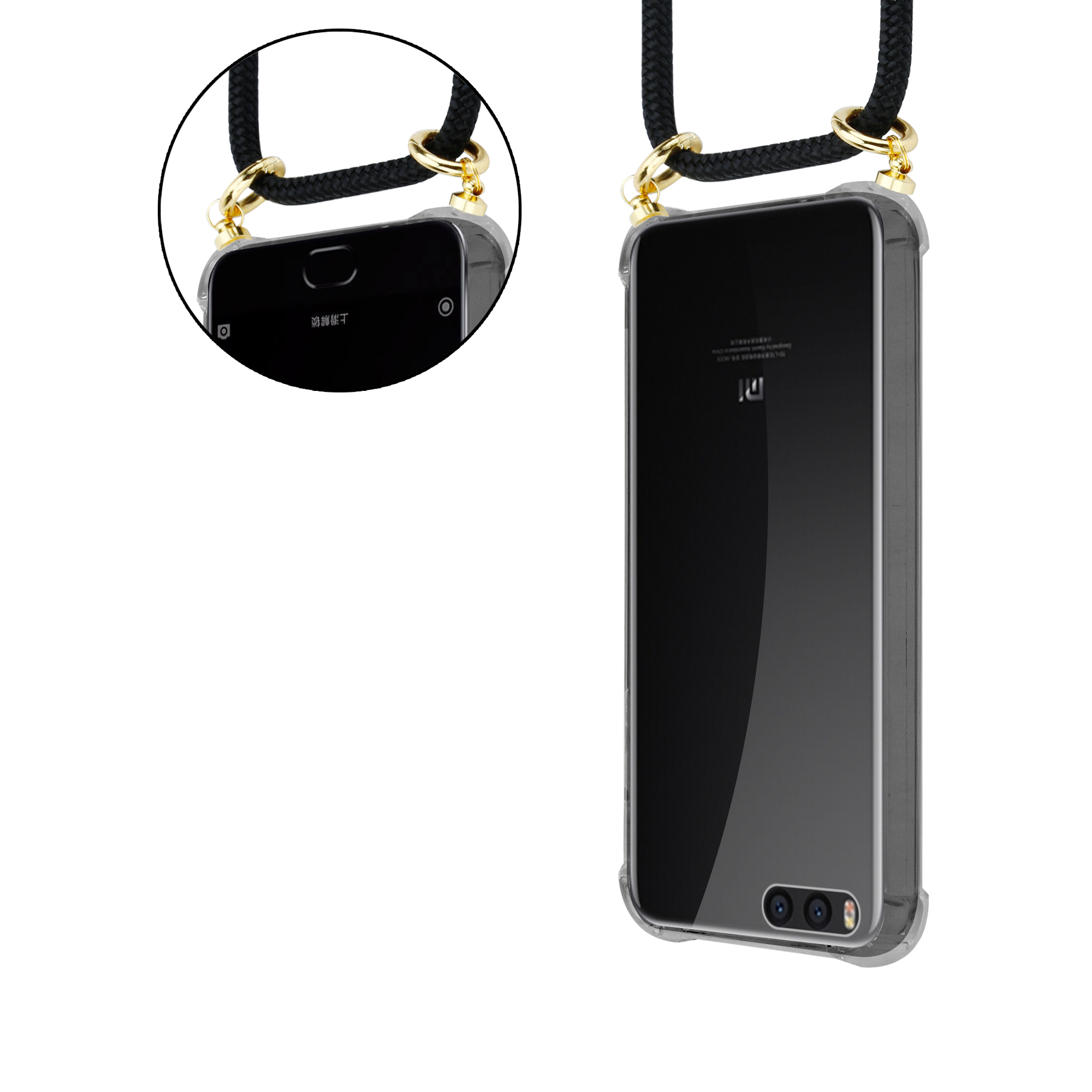 Ein Telefon in einer durchsichtigen Hülle mit schwarzem Kabel. Das Kabel hat goldene Ringbefestigungen.