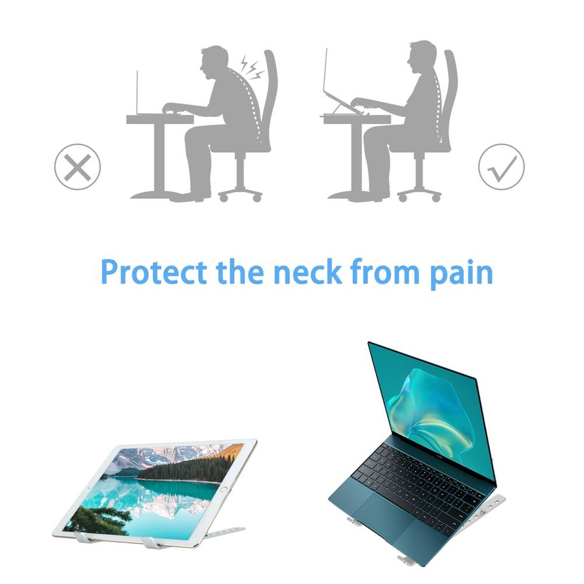 Diagramm der Körperhaltung. Schlechte vs. gute Körperhaltung. Laptop und Tablet auf dem Tisch.