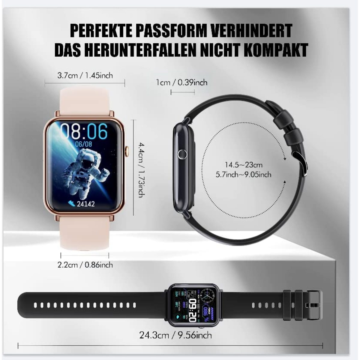 Smartwatch mit cremefarbenem Armband, schwarzem Band und Bildschirm, der einen Astronauten zeigt. Abmessungen werden angezeigt.