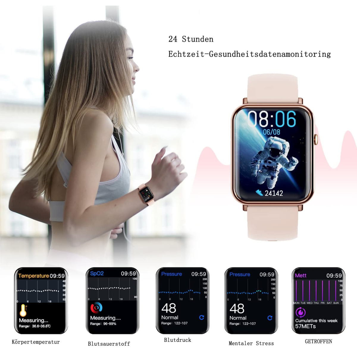 Frau beim Laufen, trägt eine Smartwatch mit Gesundheitsdaten. Zeigt Temperatur, SpO2 und Blutdruck.