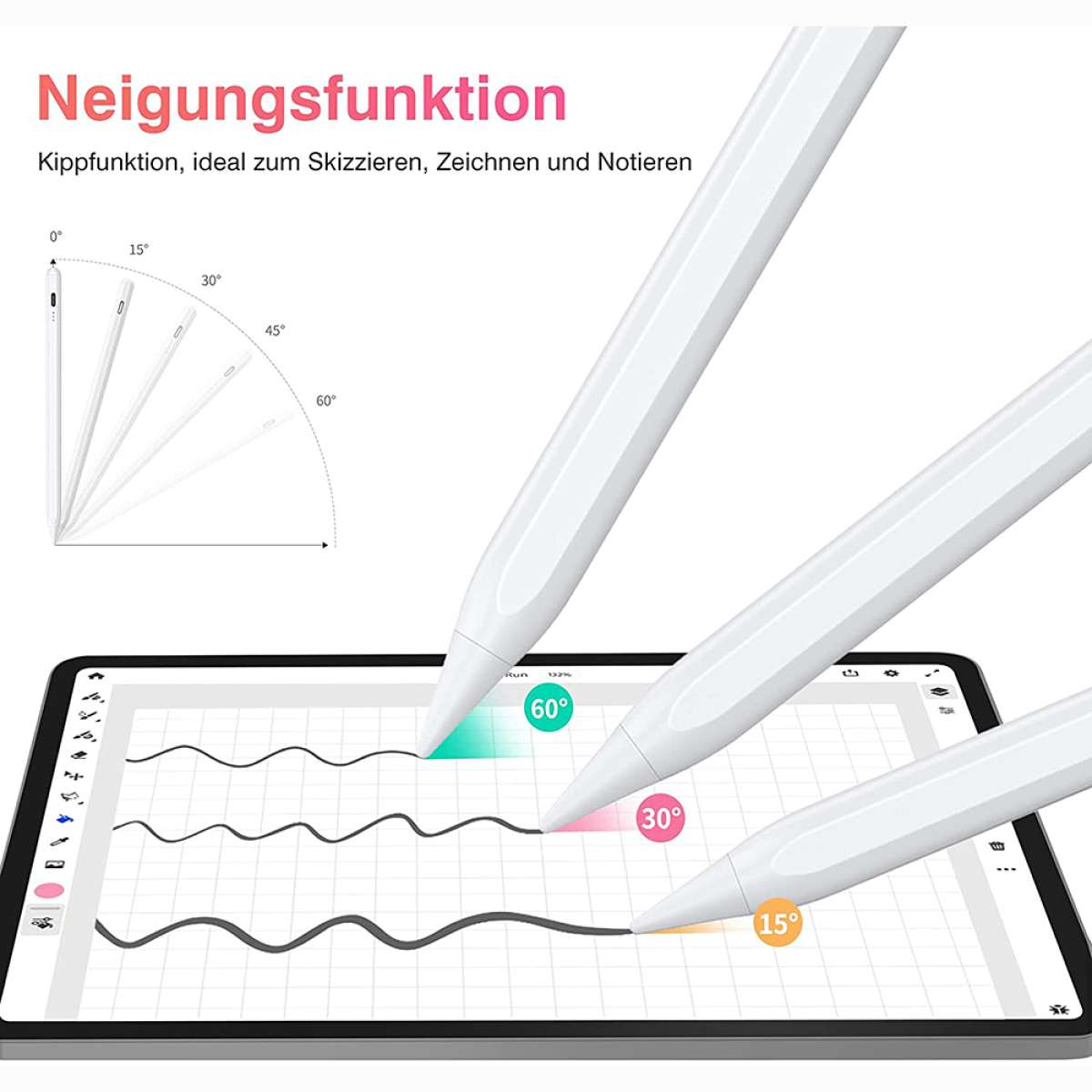 Weiße Stifte auf einem Tablet-Bildschirm, zeigen abgewinkelte Linien.
