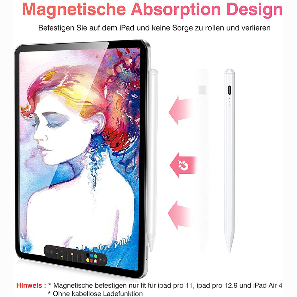 iPad mit Stift. Grafik auf dem Bildschirm. Zwei Stifte, Pfeile zeigen magnetische Befestigung.