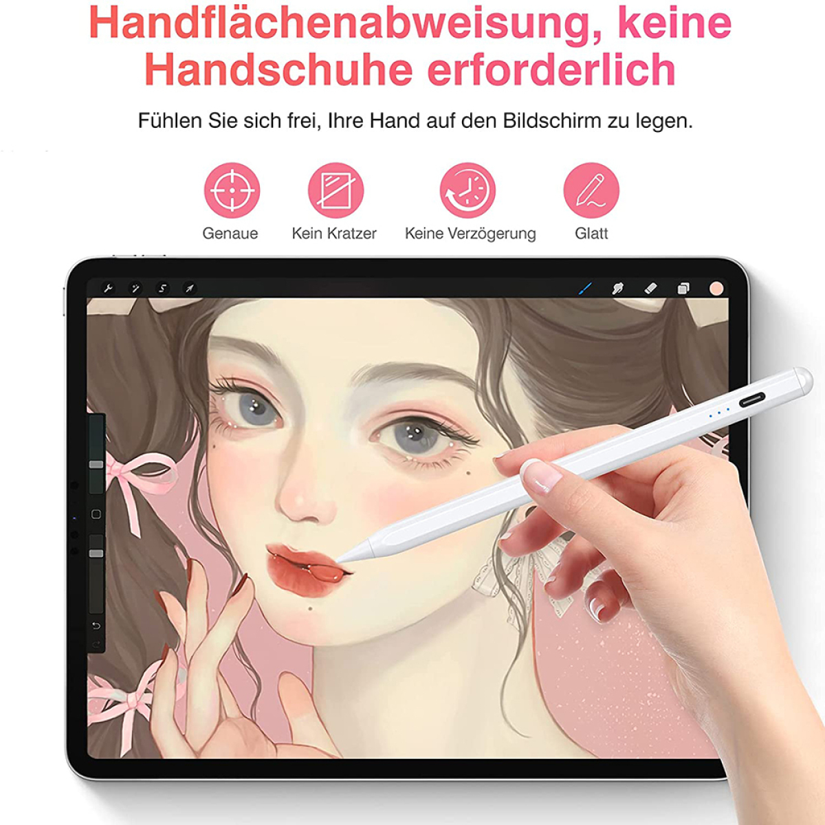 Frau benutzt Tablet mit Stift, Text: Handabweisung, keine Handschuhe erforderlich.