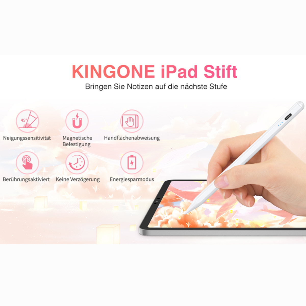 Bild zeigt eine Hand, die einen weißen Stift hält, ein iPad und einige Funktionen des Stifts.