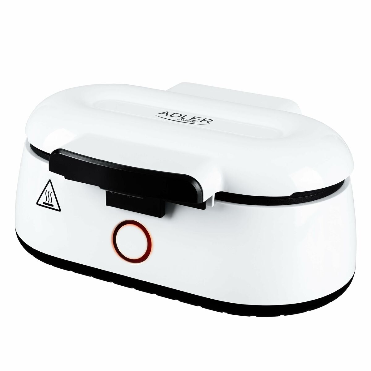 Macchina per waffle bianca con dettagli neri e indicatore luminoso rosso. Sfondo bianco.