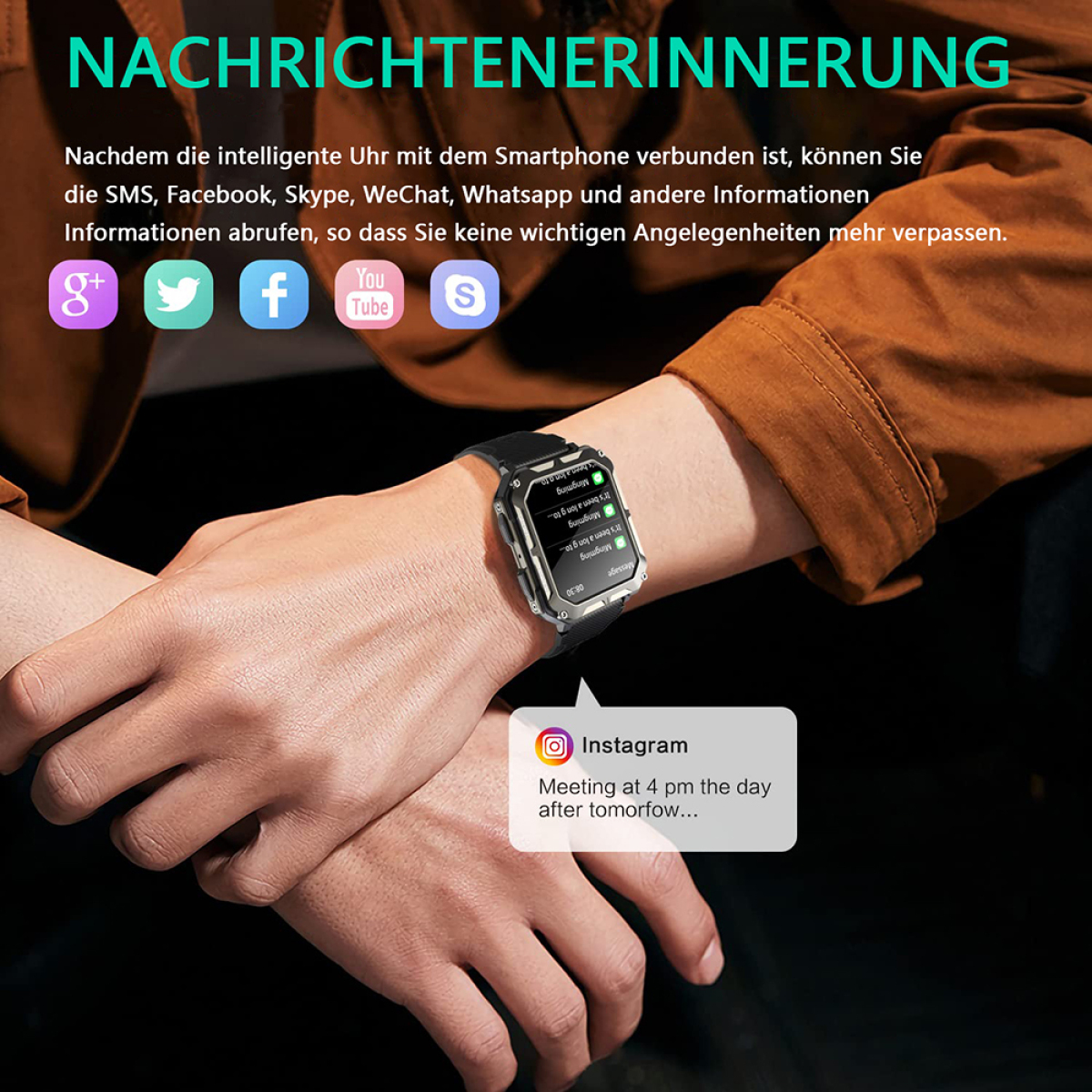 Nahaufnahme des Handgelenks einer Person mit einer Smartwatch, die Benachrichtigungen aus sozialen Medien anzeigt.