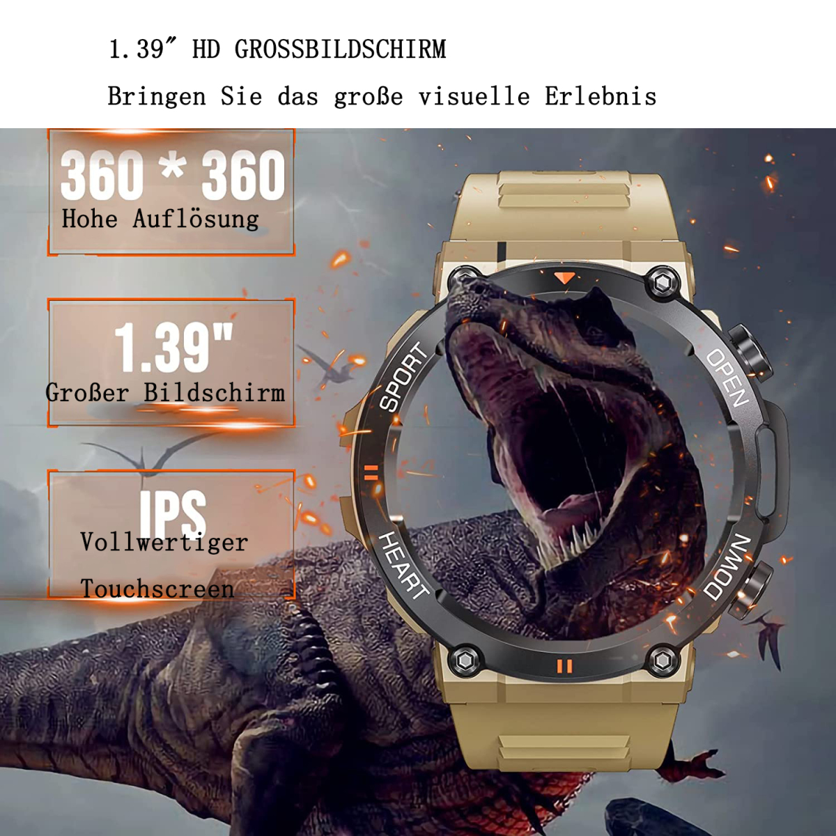 Eine Smartwatch mit Textbeschriftungen über einem Dinosaurierbild, die Funktionen bewirbt.