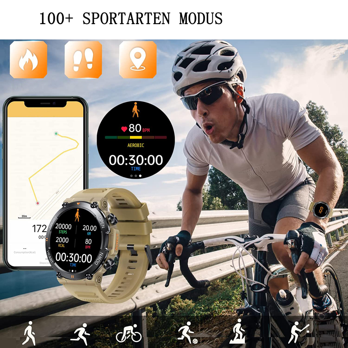 Radfahrer auf Fahrrad, Helm, Uhren und Telefon mit Statistiken. Symbole oben. Hintergrund: Radstrecke.