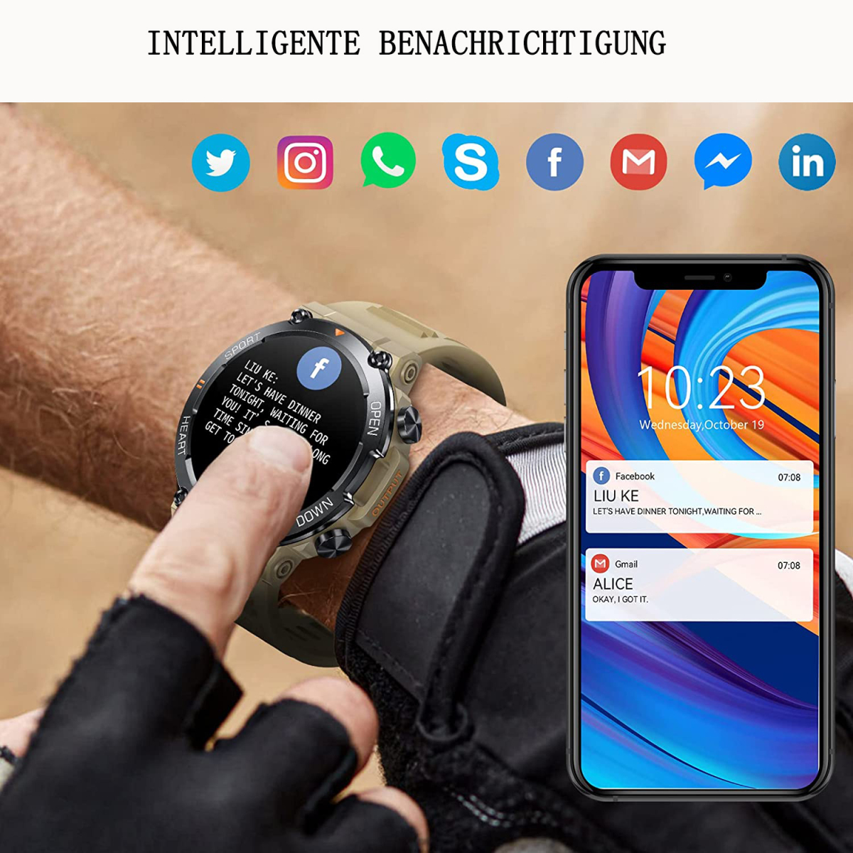 Smartwatch zeigt Benachrichtigungen, ein Telefon zeigt ähnliche Infos.