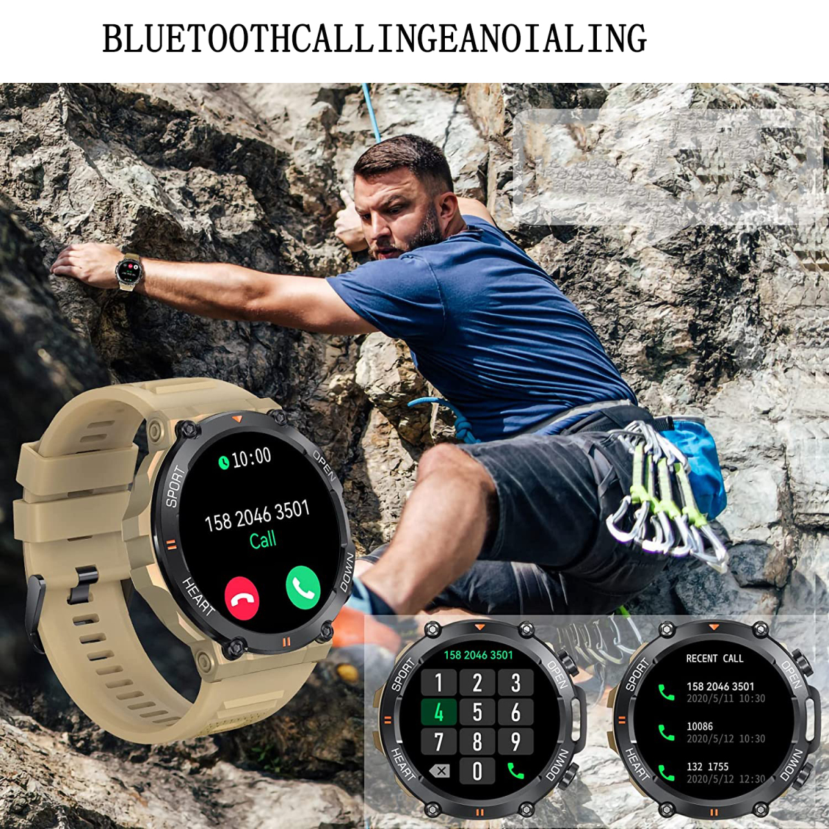 Smartwatch mit Anrufbildschirm und Kletterer. Andere Bildschirme zeigen den Anrufverlauf.