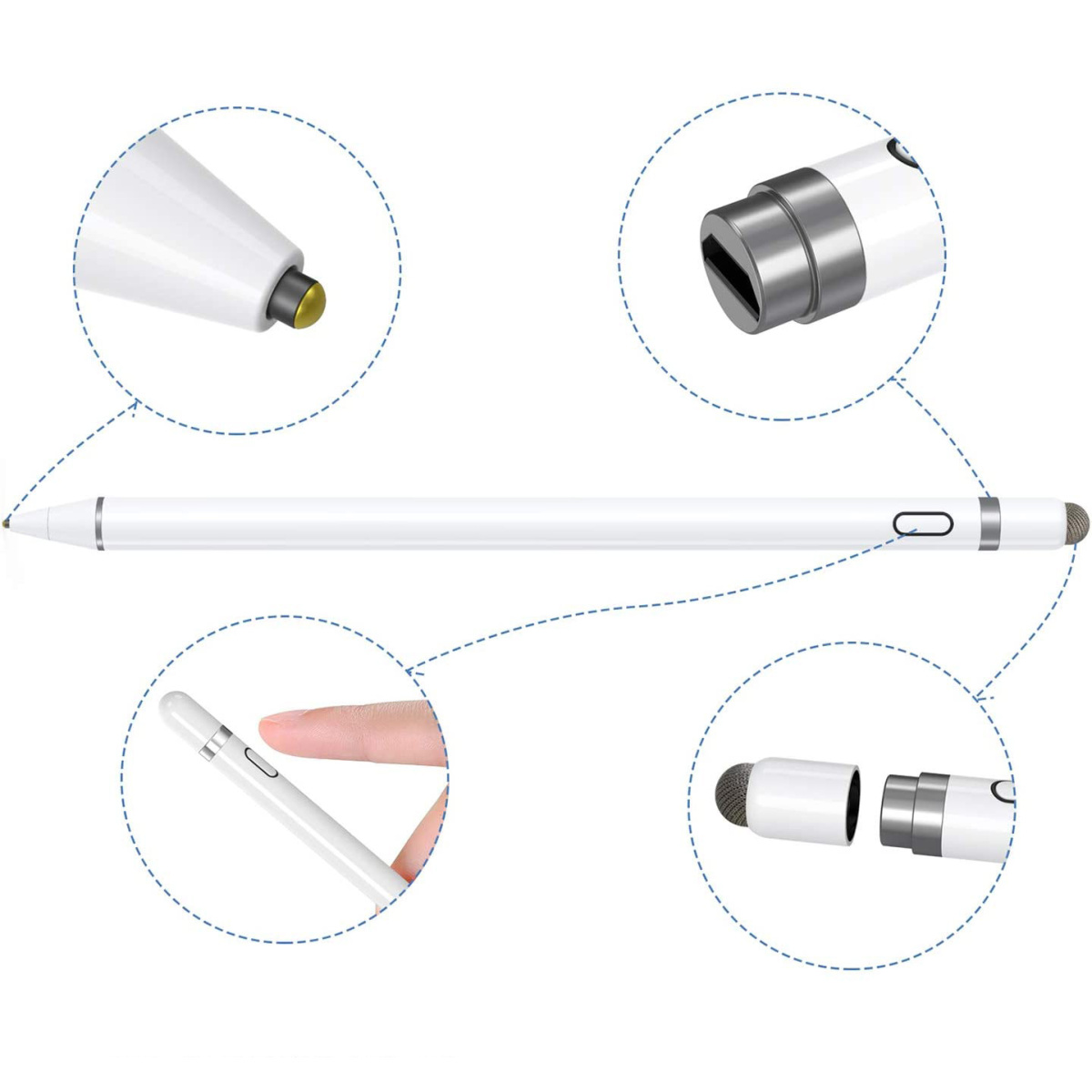 Weißer Stylus-Stift mit Detailansichten. Zeigt Spitze, Taste und Steckverbinder für das Design.