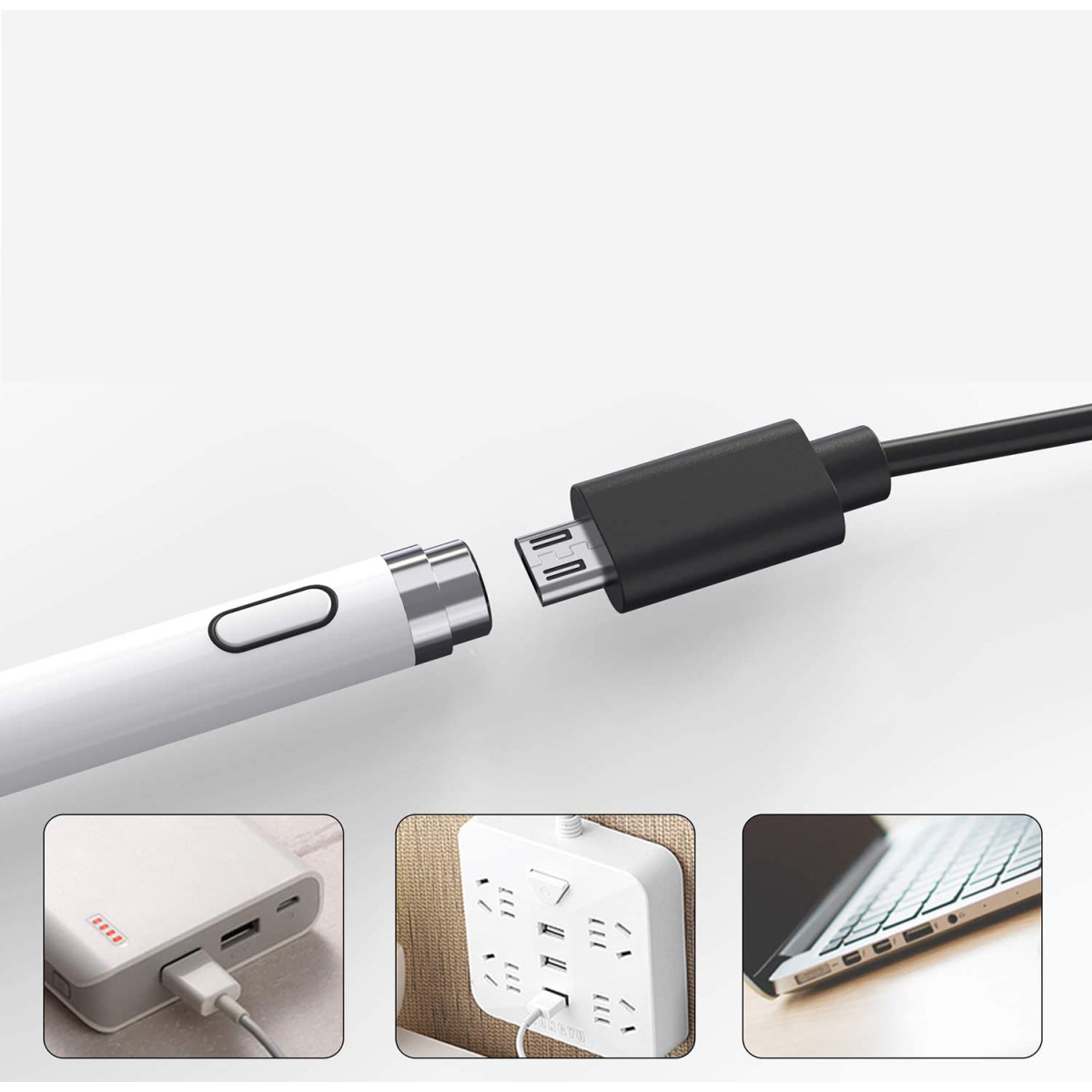 Weißer Stift, der sich mit einem schwarzen Ladeanschluss verbindet. Andere Geräte und Ladezubehör sind im Bild.