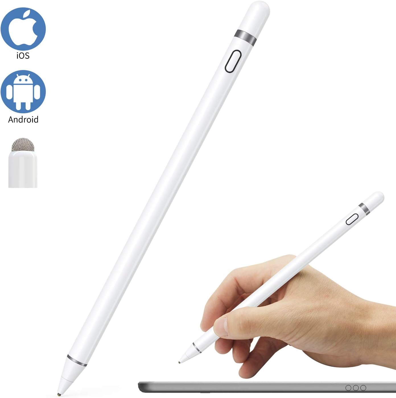 Zwei weiße Stifte mit iOS- und Android-Symbolen und eine Hand, die einen auf einem Tablet verwendet.