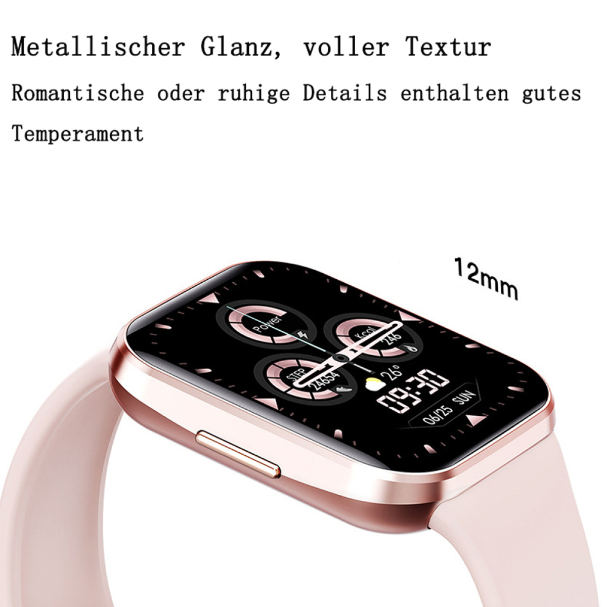 Roségoldene Smartwatch mit pinkfarbenem Armband, zeigt Zeit und Daten. Die Uhr liegt auf weißem Untergrund.