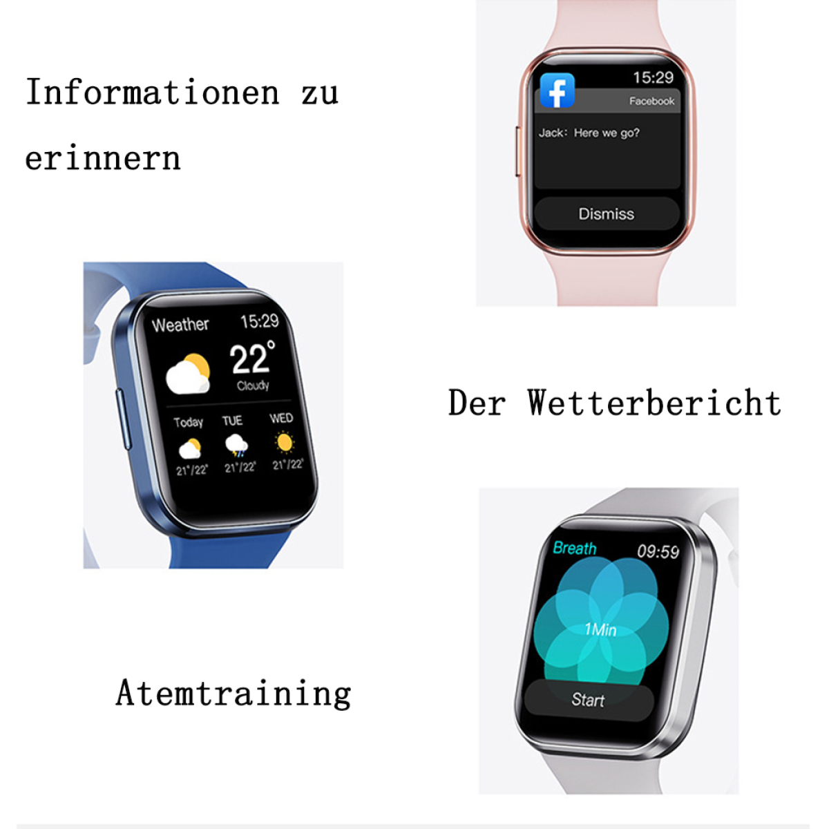Smartwatch zeigt Wetter, Facebook-Benachrichtigungen und Atemtraining.