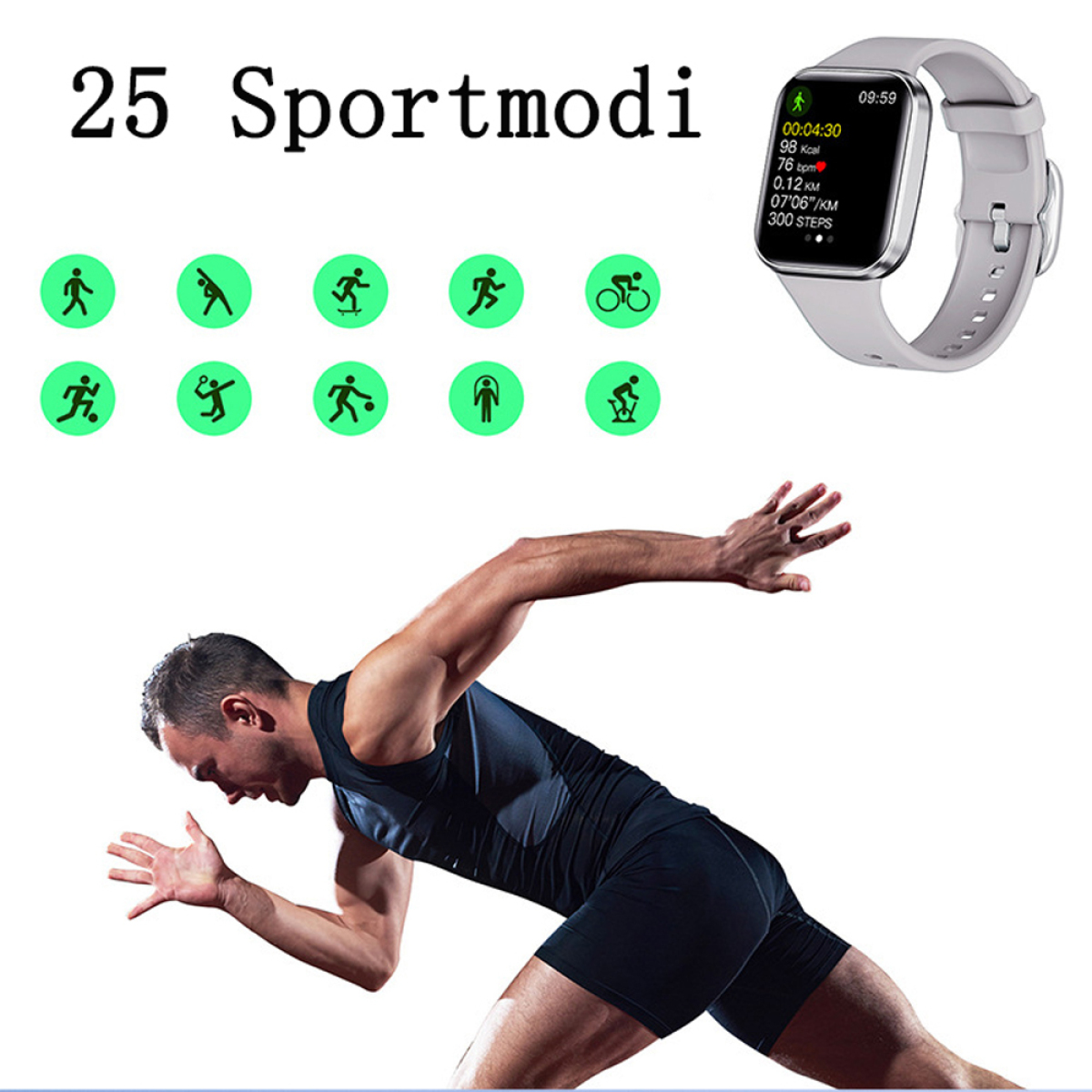 Mann rennt, trägt Fitnessuhr. Uhr zeigt Daten: Zeit, Herzfrequenz, Kalorien und Schritte.