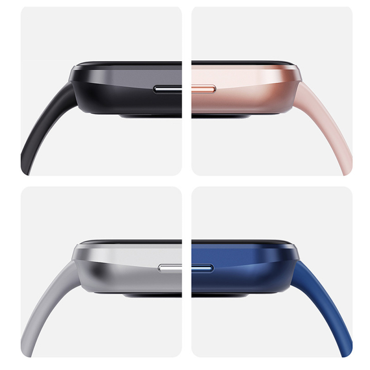 Vier Smartwatches, schwarz, roségold, silber und blau. Jede hat ein quadratisches Display und Armband.